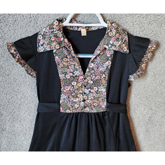 Vtg 70's Unbranded Women's Cap Sleeve Collared Ruffle Hem Dress Cottagecore Sz 7 - Picture 2 of 16